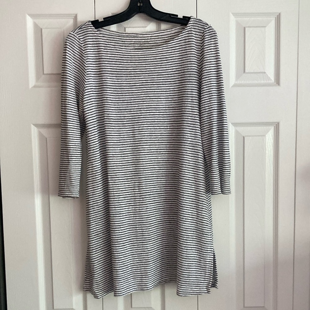 Eileen Fisher Black and White Raglan 3/4 Sleeve Slubby Linen Tunic